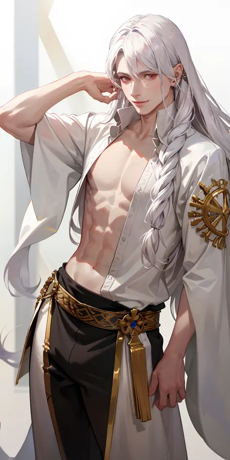 (photorealistic:1.4),best quality,4k, masterpiece,male,thin,muscle,pointed ear,pale gray  skin,long curly white hair,red eyes,smile,bard,DND,A lute on his back