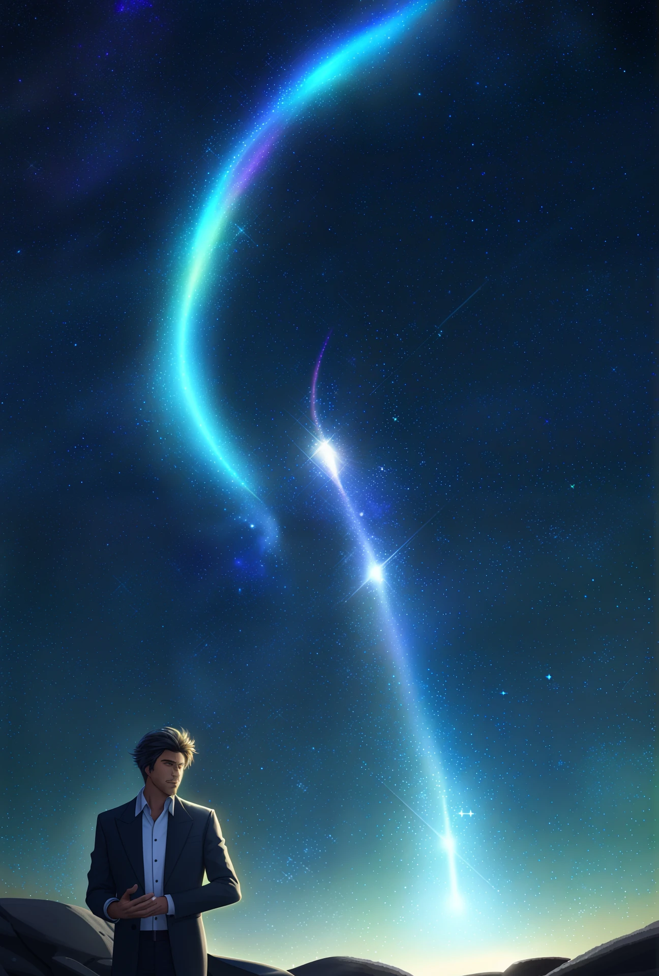 A digital illustration of a man with medium hair basking in the warm sunlight, donning an iridescent dress that shimmers with defraction spikes and chromatic aberration. The night sky above is dotted with glowing stars that enhance the magical ambiance of the scene. Add a touch of (glowing, holofoil:0.6) to make it more enchanting.