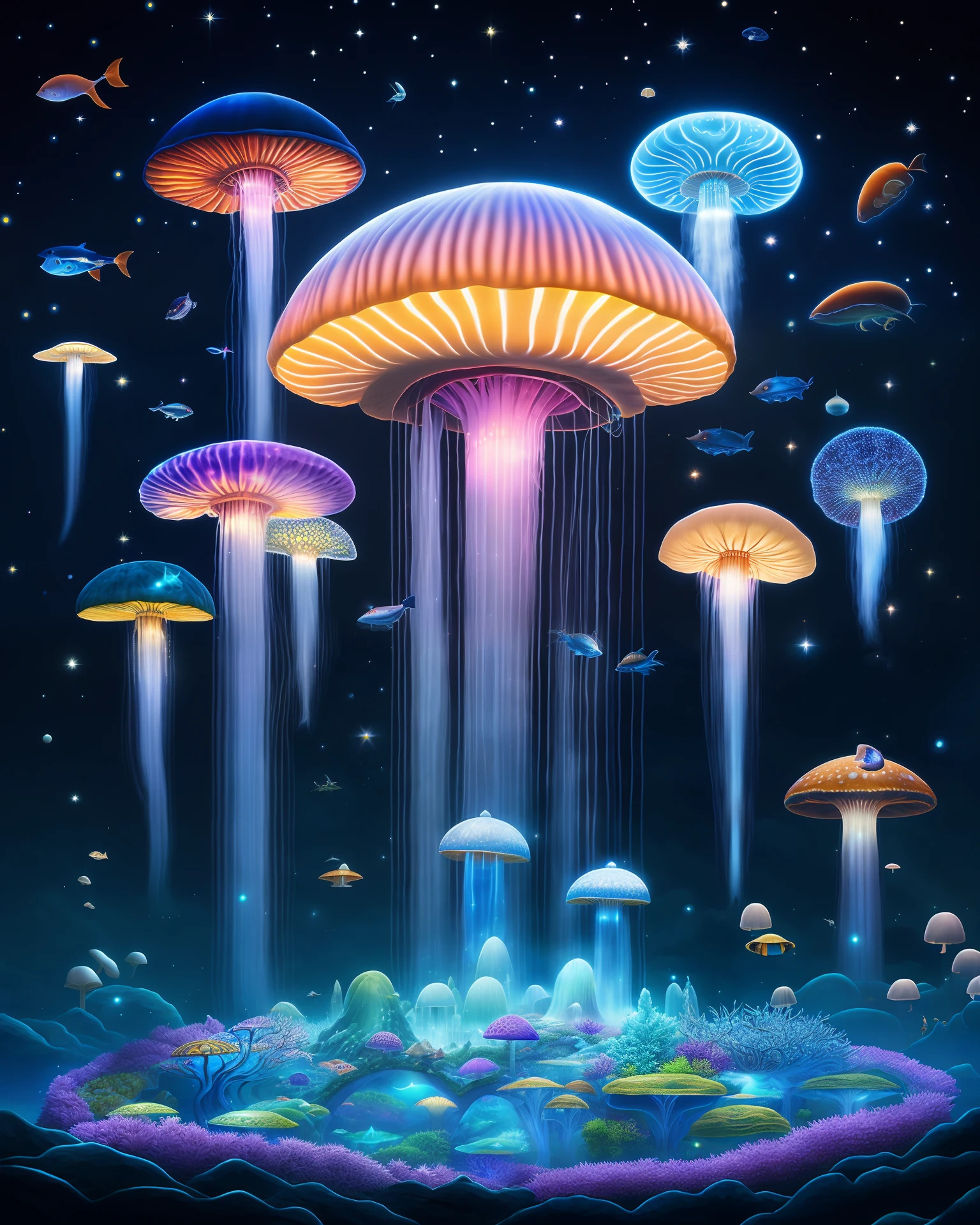 The mushroom world is my home. a realistic detail of a virtual glowing bioluminescent mushroom mega cities inside a floating jellyfish in the dark sea, There are many exotic sea creatures and colorful little jellyfish mushrooms around，metropolis in the dark at night is like a spiritual journey through a mushroom forest, cosmic, heavenly, god rays, ornate detail, cinematic, Professional, masterpiece, commissioned, best quality, Color Corrected, fixed in post, CHV3SSciFi, CHV3SUrban, CHV3SWorld, CHV3SMacro, CHV3SDark