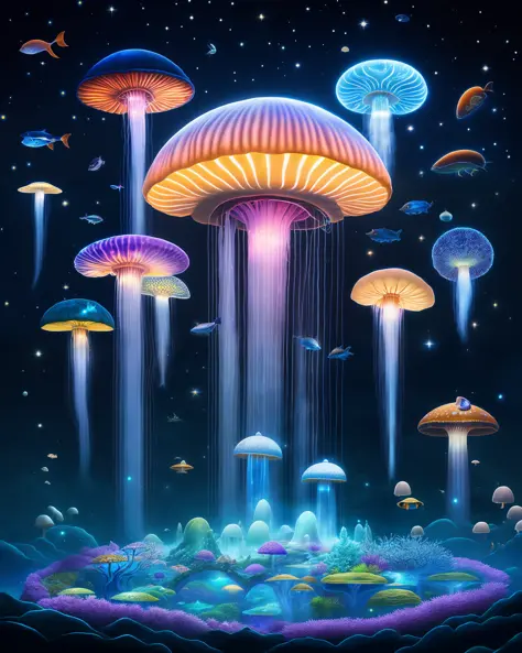 The mushroom world is my home. a realistic detail of a virtual glowing bioluminescent mushroom mega cities inside a floating jel...