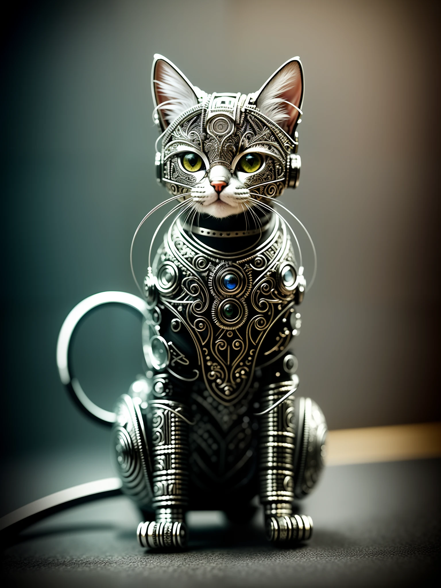 a cute kitten made out of metal, (cyborg:1.1), ([tail | detailed wire]:1.3), (intricate details), hdr, (intricate details, hyperdetailed:1.2), cinematic shot, Vignette, centered