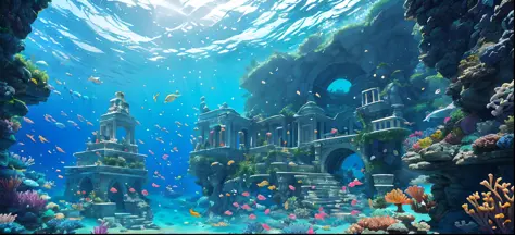 (under the sea), an ancient greek palace on the hill, mermaids swimming around, decorated with coral and gold, masterpiece, best...