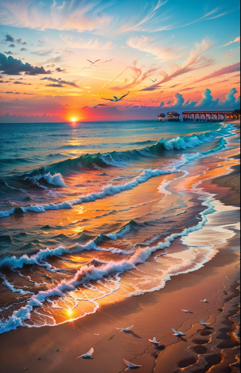 Un coucher de soleil absolument fascinant sur la plage, avec un mélange d&#39;oranges, roses, et les jaunes remplissent le ciel. Les eaux cristallines de la mer embrassant doucement le rivage, avec une plage de sable blanc qui s&#39;étend au loin. La scène est dynamique et époustouflante, avec des mouettes planant haut dans le ciel et des palmiers se balançant doucement. Imprégnez-vous de l&#39;atmosphère apaisante et laissez la paix vous envahir.