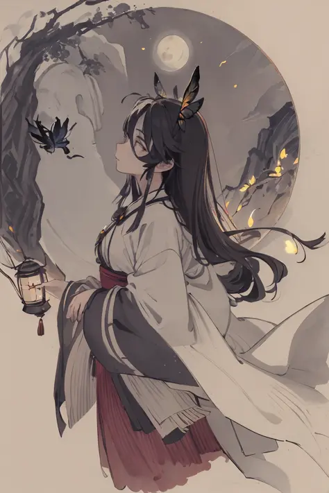 (best quality), ((masterpiece)),((exquisite facial features)),((dynamic posture)),lantern,masterpiece, best quality, night, hill, clouds, full moon, long hair, woman, silhouette, fireflies,butterfly,starlight