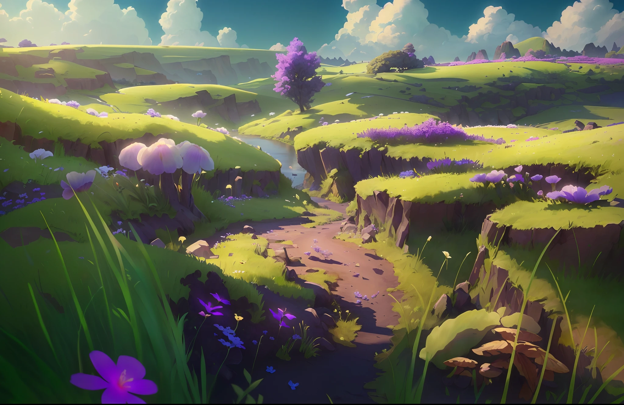 masterpiece, best quality, masterpiece,best quality,official art,extremely detailed CG unity 8k wallpaper, An exquisitely hand-drawn scene with a grassy green landscape, adorned with blooming purple flowers. The distant blue sky and fluffy white clouds provide a perfect backdrop, while the foreground features a winding dirt path.