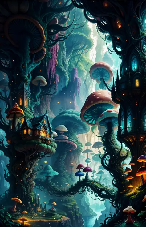 A surreal landscape with giant mushrooms and intricate architecture, bathed in a soft and ethereal light that highlights every intricate detail and adds a dreamlike quality to the scene, There is a cave in the midst of the giant vines that can be explored,...