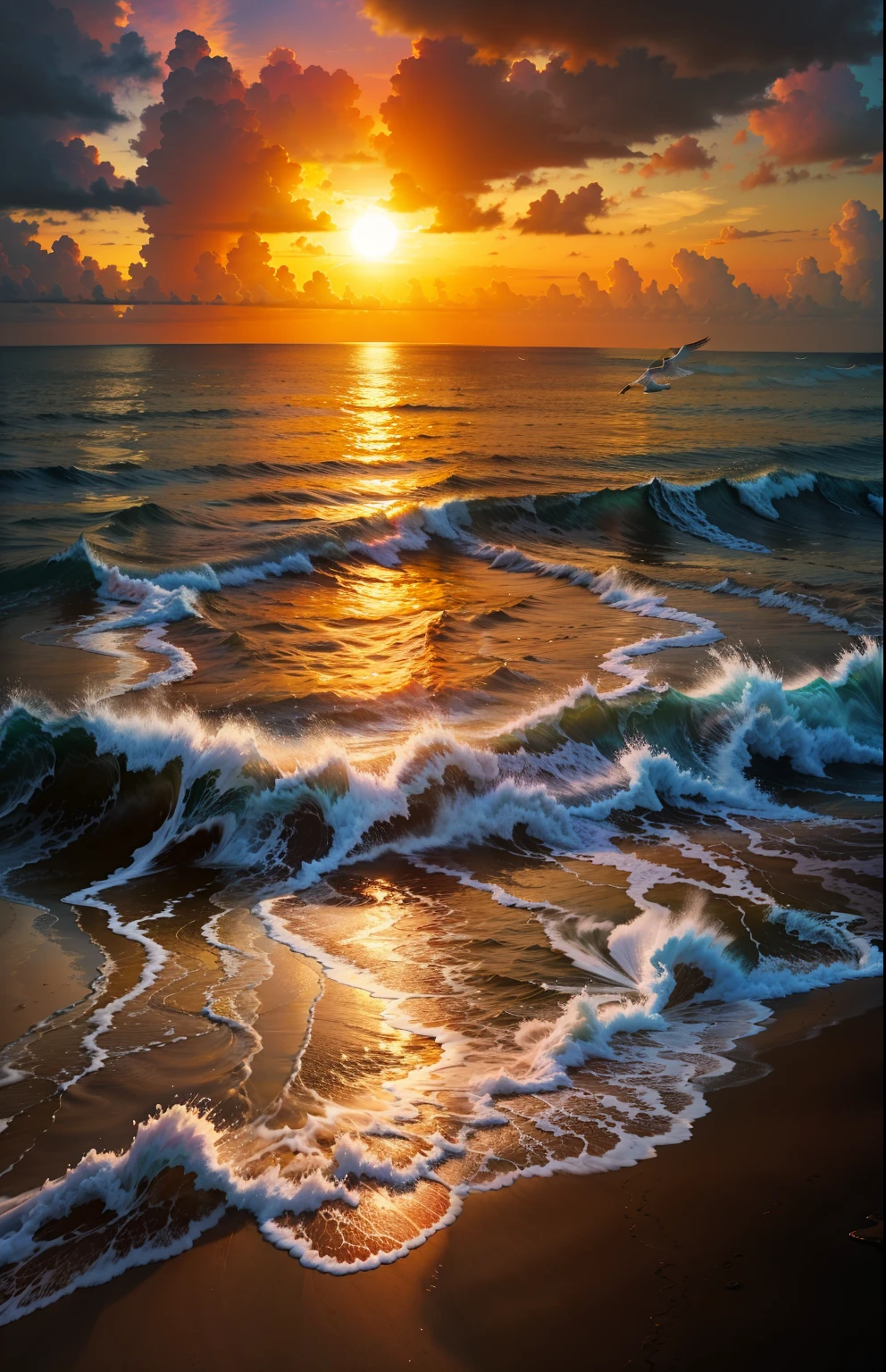 Una puesta de sol absolutamente fascinante sobre la playa., con una mezcla de naranjas, rosas, y amarillos llenando el cielo. Las aguas cristalinas del mar besan suavemente la orilla, con una playa de arena blanca que se extiende a lo largo y ancho. La escena es dinámica e impresionante., con gaviotas volando alto en el cielo y palmeras que se balancean suavemente. Disfrute de la atmósfera relajante y deje que la paz lo invada.