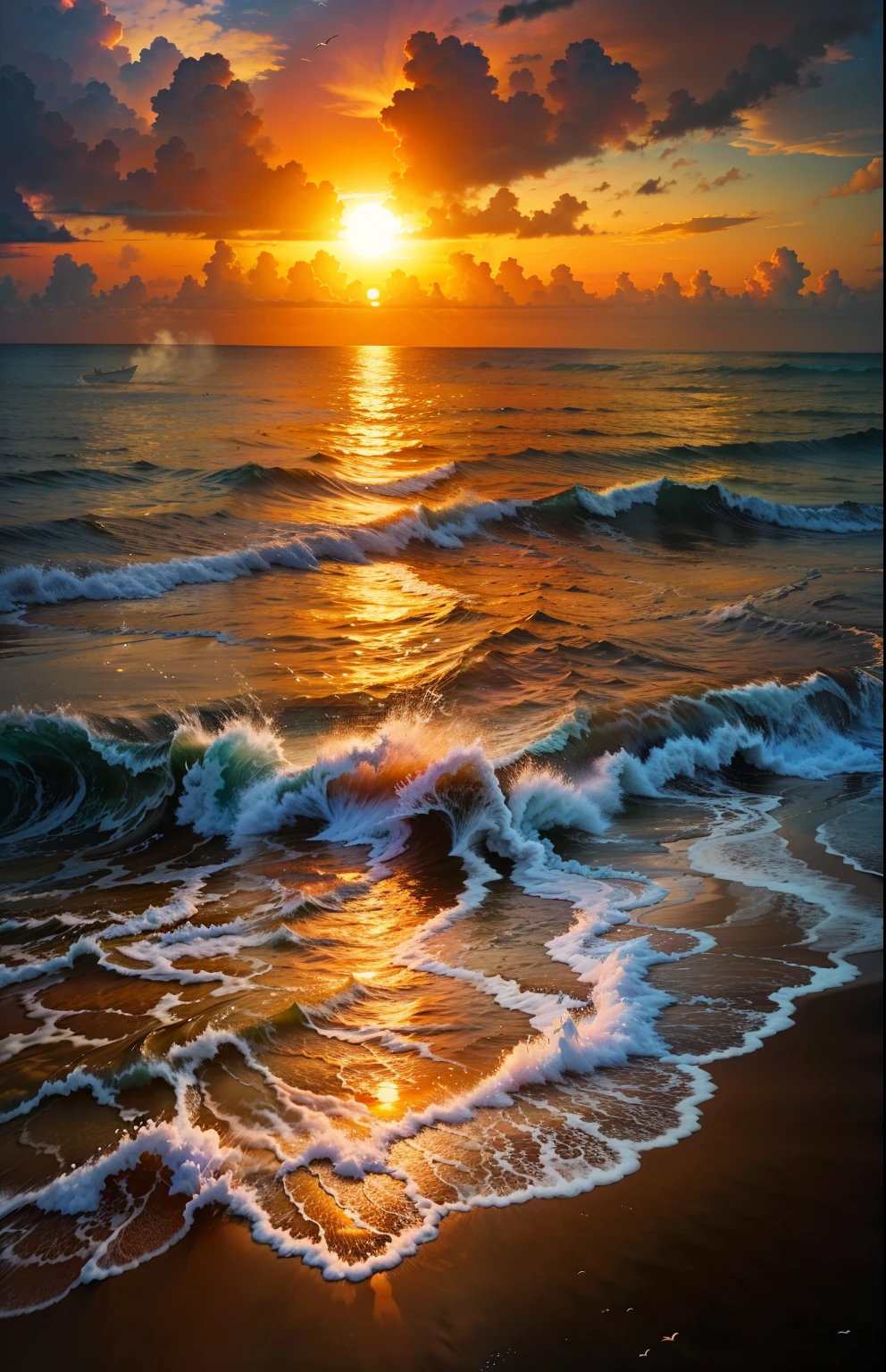 Um pôr do sol absolutamente hipnotizante sobre a praia, com uma mistura de laranjas, rosa, e amarelos enchendo o céu. Águas cristalinas do mar beijando suavemente a costa, com praia de areia branca que se estende por toda parte. A cena é dinâmica e de tirar o fôlego, com gaivotas voando alto no céu e palmeiras balançando suavemente. Aprecie a atmosfera calma e deixe a tranquilidade tomar conta de você.