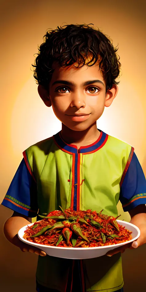 A brazilian boy in ethnic clothes, Pixar style, holding chili peppers, strong light, detailed depiction