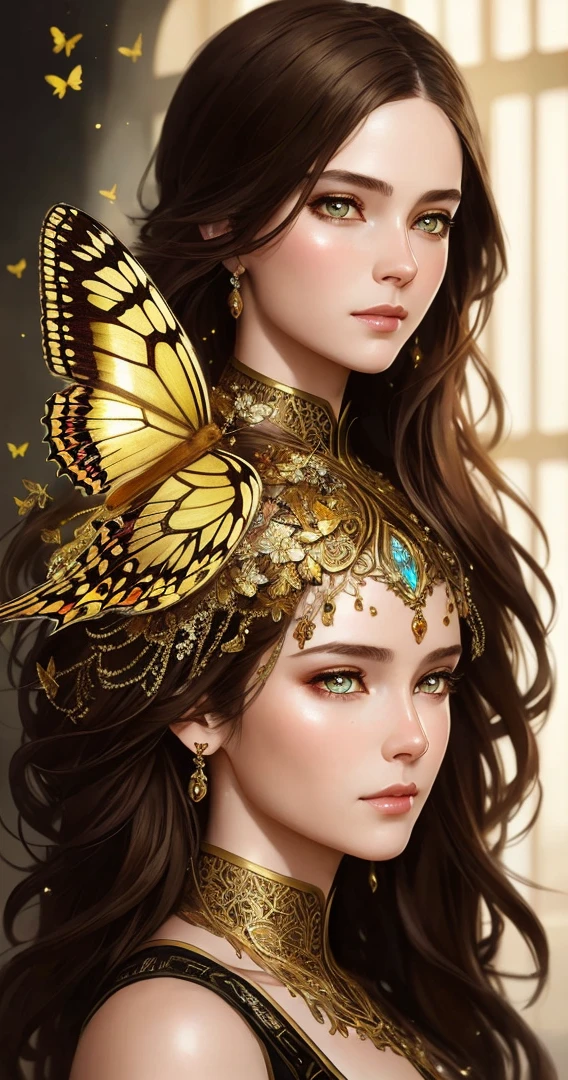 8k portrait of beautiful cyborg with brown hair, intricate, elegant, highly detailed, majestic, digital photography, art by artgerm and ruan jia and greg rutkowski surreal painting gold butterfly filigree, broken glass, (masterpiece, sidelighting, finely detailed beautiful eyes: 1.2), hdr