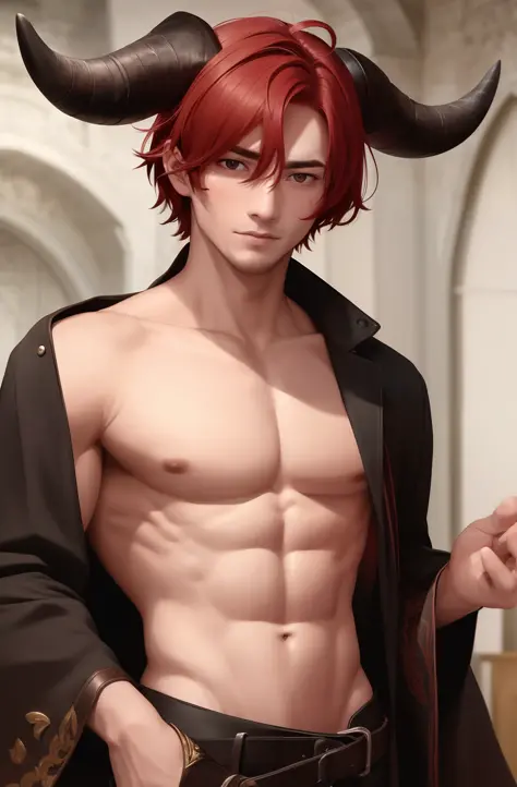 best quality, masterpiece, upper body,
Devlin,
Young men,
Short messy red hair,
With forward-curved horns on its head,
Black eyes,
Medieval brown leather,
A delicate face,
Smelly face