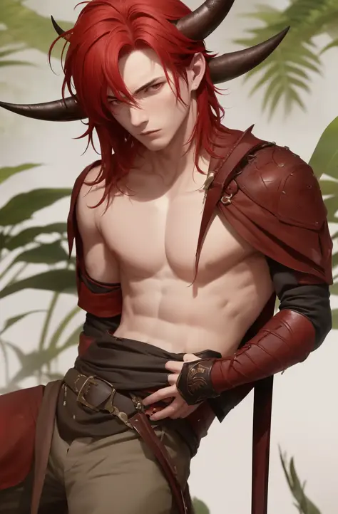Best quality, masterpiece, top,
Devlin,
Young men,
Short, messy red hair,
With a pair of forward-curving horns on his head,
Black eyes,
Medieval brown leather (no metal),
A delicate face,
A look of anger,
The background was a dark jungle with glimmers