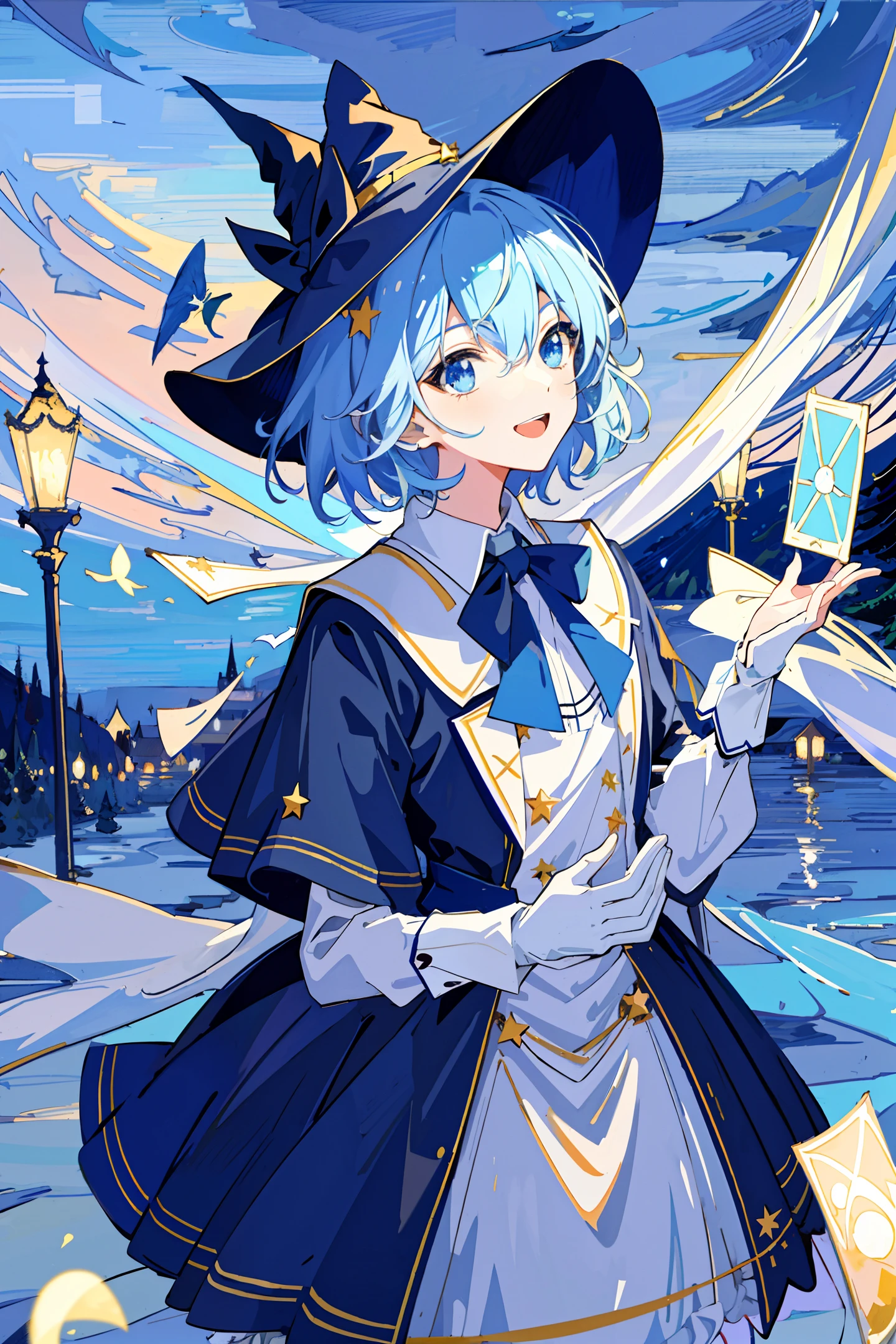 ((masterpiece:1.2, best quality)), 1boy, solo, (witch hat), Light blue hair, Short hair, dress, aurora, night, star (sky), gloves, sky, night sky, open mouth, starry sky, blue eyes, ribbon, smile, hair ribbon, cape, blue hair, (bird), magic, casting spell, dark clouds, night, (impressionism:1.4), (tarot:1.3)