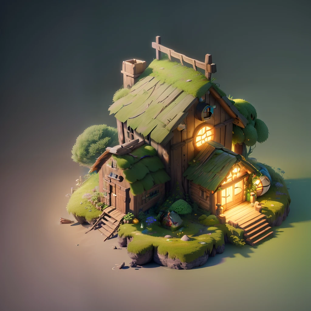 Meisterwerk, beste Qualität, (extrem detailliertes CG Unity 8k-Hintergrundbild), (beste Qualität), (beste Illustration), (bester Schatten), Eine runde Rübenhütte mit Moos bedeckt， isometrisch 3D, octane render,Raytracing,Extrem detailliert