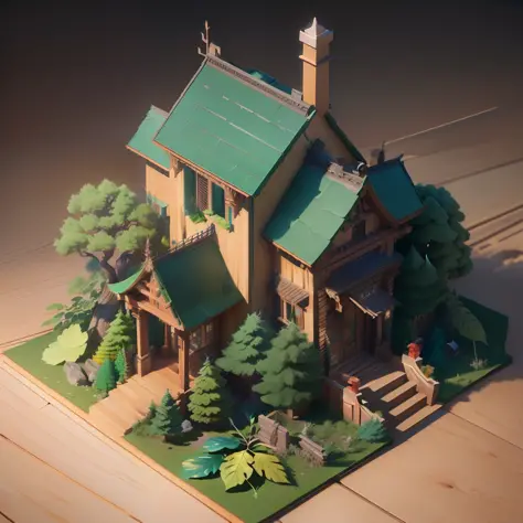 masterpiece, best quality, (extremely detailed CG unity 8k wallpaper), (best quality), (best illustration), (best shadow), Primary materials are wood, glazed tiles, metal, and tree leaves， isometric 3D, octane render,ray tracing,ultra detailed