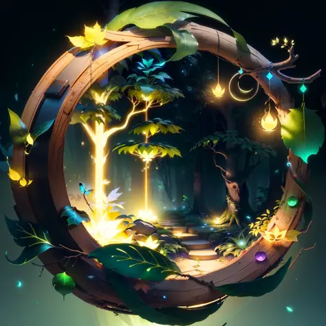 Masterpiece, best quality, (extremely fine CG unity 8k wallpaper), (best quality), (best illustration), (best shadow), the UI interface frame design adopts the natural elements of the jungle theme. The avatar frame is designed in a circle, surrounded by delicate leaves and branches, as well as fireflies and glowing particle effects, (UI interface frame design), (natural elements), (jungle theme), (circle), (leaves), (Branch), (Firefly), (Glow), (Particle Effect). , isometric 3d, octane rendering, ray tracing, ultra detailed