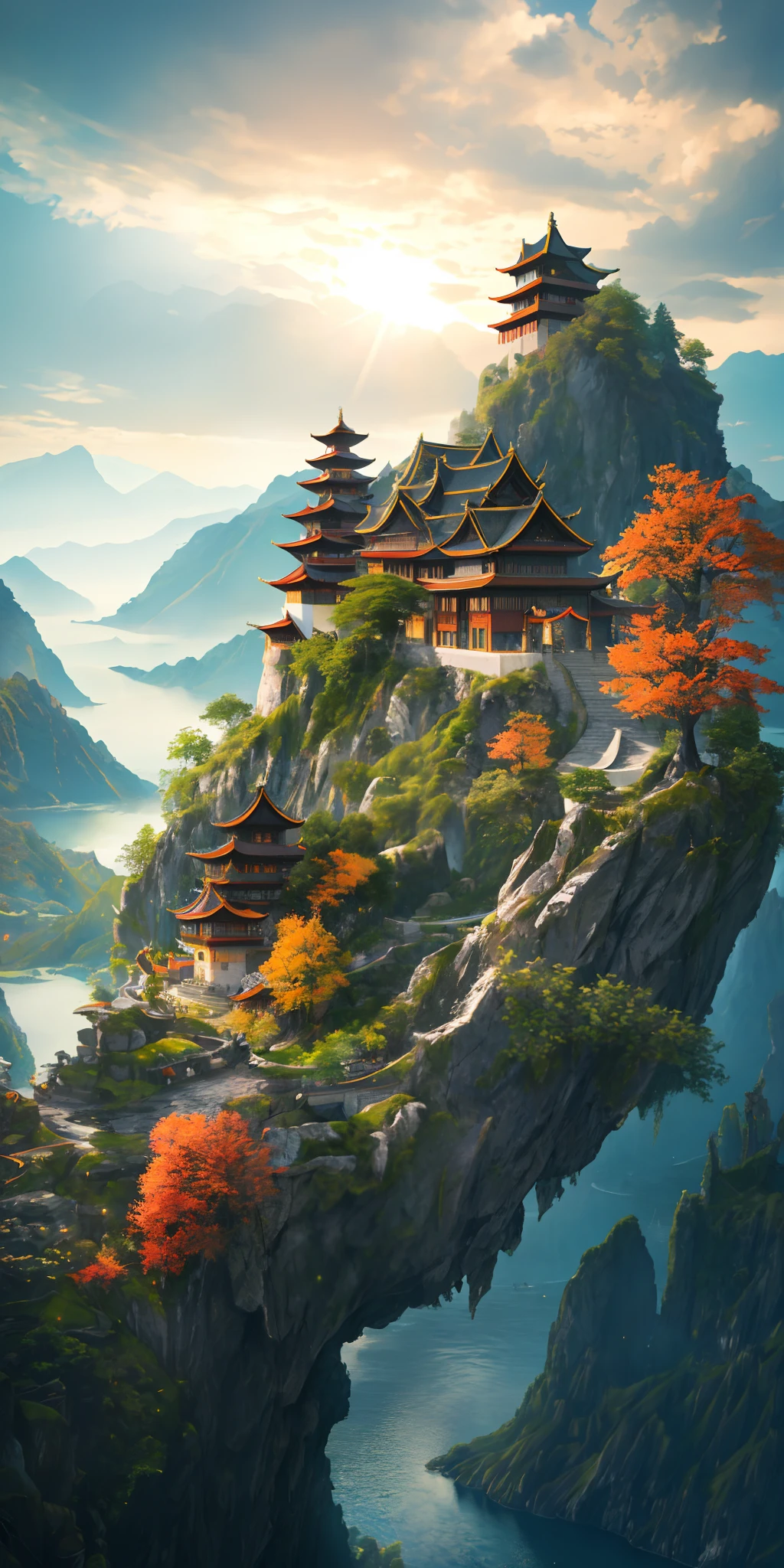 masterpiece, best quality, high quality, extremely detailed CG unity 8k wallpaper, outdoors, sky, cloud, night, no humans, mountain, A Chinese-style palace sits on the hillside, moonlight, cinemagraph, landscape, water, tree, dark sky, waterfall, cliff, nature, lake, river, cloudy sky,award winning photography, Bokeh, Depth of Field, HDR, bloom, Chromatic Aberration ,Photorealistic,extremely detailed, trending on artstation, trending on CGsociety, Intricate, High Detail, dramatic, art by midjourney