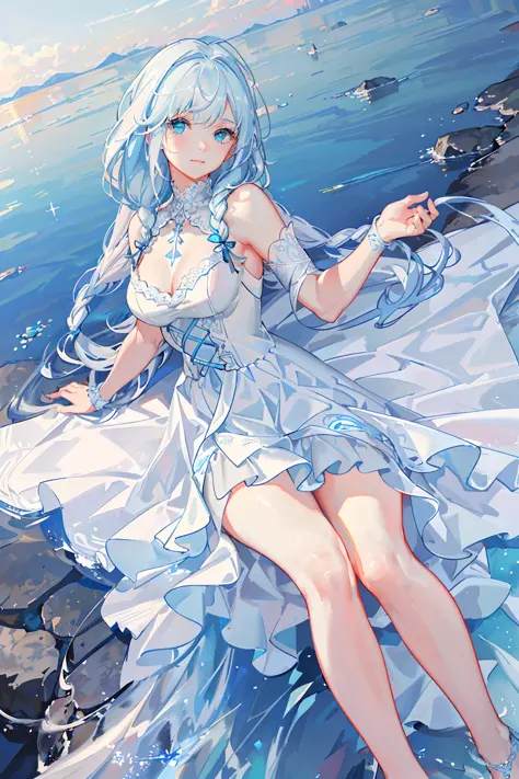 (A gorgeous masterpiece with the best quality ultra-detailed CG Unity 8k wallpaper) featuring an extremely delicate and beautiful white-haired girl crying under a blue sky, donning a stunningly white wedding dress with two braided hair twisted into (twist ...