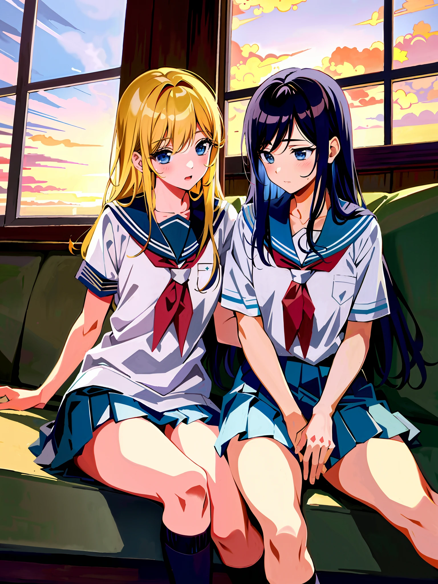 (best quality masterpiece:1.2) 8k (detailed shoujo manga style:1.4) 2girls, beautiful, absurdres, school uniform, yuri, serafuku, eye contact, school window sunset lighting, lesbian romance, tender, caress each other