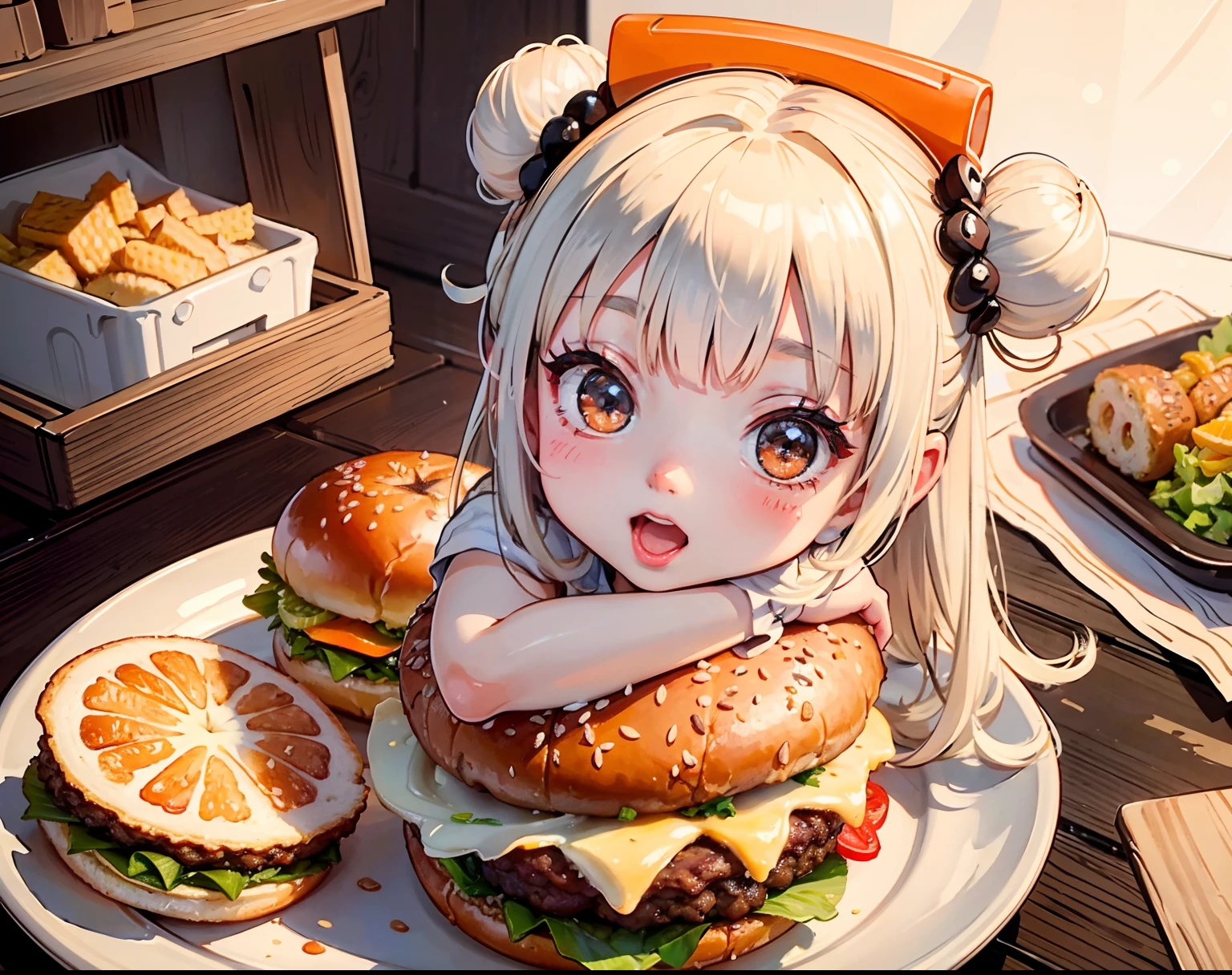 An ultra-realistic and mouthwatering hamburger obra maestra, Con una pequeña niña animada acurrucada dentro del bollo, mostrando las jugosas texturas de la hamburguesa, luz naranja suave, obra maestra, alta calidad, kfc, v I 50