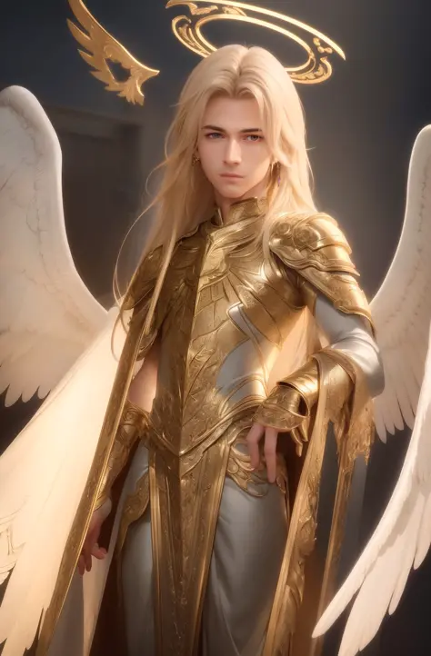 best quality, masterpiece, upper body,
bright highlights, (extremely detailed CG unity 8k wallpaper), handsome young man, angelic wings, halo,  
(male, man), long hair, serious, dramatic pose, shiny armor, knight, cinematic lighting, photorealistic, dynami...