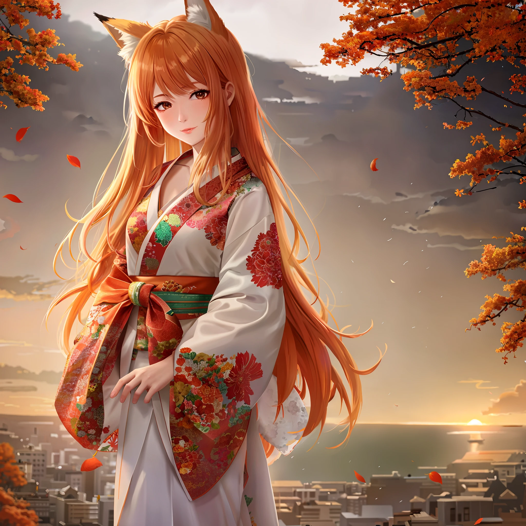 masterpiece, best quality, highly detailed, 1girl, solo, (:3:1.1), animal ear fluff, animal ears, orange hair, fluffy hair, blush, brown eyes, flower, fox ears, fox girl, gradient, gradient background, hair flower, hair ornament, japanese clothes, kimono, looking at viewer, miko, smile, solo, white kimono, beautiful lighting, (Alena Aenami:1.3)
