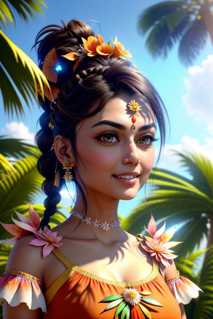 best quality, ultra high res, (photorealistic:1.4), professional lighting, photon mapping, radiosity, physically-based rendering, 1girl, animal ear fluff, animal ears, bangs, bare shoulders, belly, black hair, blue sky, bow, braid, building, collarbone, crop top, crop top overhang, crown braid, dark skin, detached sleeves, facing viewer, flower, frilled sleeves, frills, gradient eyes, hair behind ear, hair bow, head tilt, leaf, light blush, long hair, looking at viewer, multicolored eyes, nature, navel, orange bow, palm leaf, palm tree, parted lips, pink eyes, plant, portrait, red flower, shirt, single braid, sky, solo, sunlight, tan, teeth, tree, tropical, upper body, upper teeth, water (elden ring style:1.3), (warhammer style:1.1), concept artist, global illumination, depth of field, splash art, art by artgerm and greg rutkowski and viktoria gavrilenko, india, Hinduism, indian clothes, a close up portrait photo of beautiful Hansika Motwani, Hansika Motwani