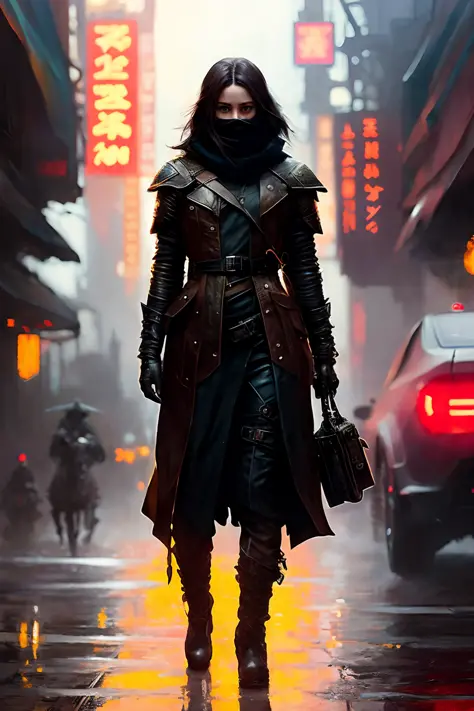 full body shot photo of the most beautiful artwork in the world featuring a modern female (rogue thief:1.1) wearing multiple layer (leather armor:1.1), sexy, big eyes, urban tokyo futuristic look, neon lights, night, slow motion, reflections, orange rainco...