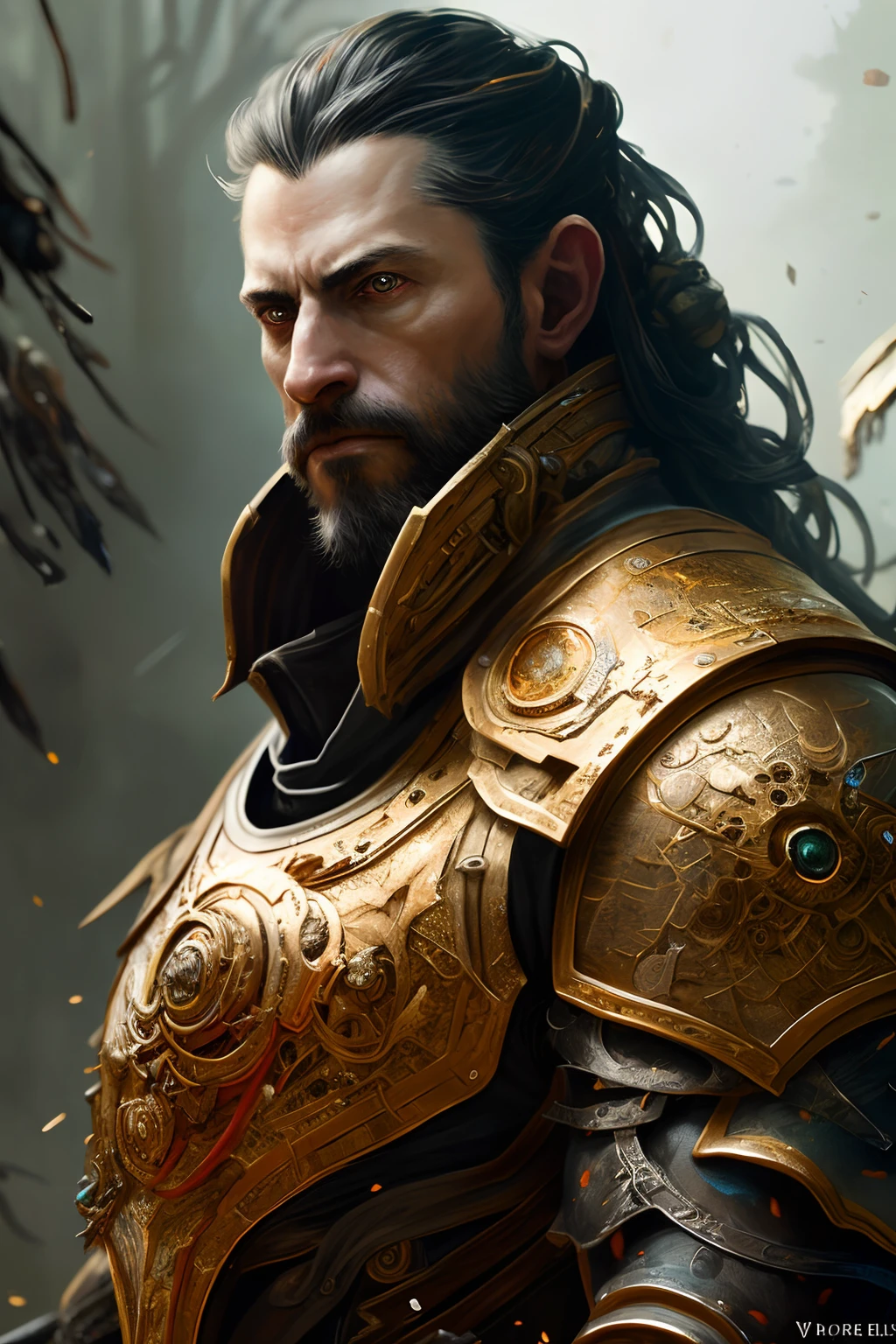 (Painting:1.3) of (Detailed illustration:1.3) A (full body:1.3) shot at 8k resolution, splash art, fantastic comic book style, photorealistic, intense look, anatomical photorealistic digital painting portrait of a (old male:1.3) human (warrior:1.3) in black and gold intricate (heavy armor:1.3) in a (dark and moody universe:1.3), light particle, very detailed skin,samurai, very detailed eyes, (elden ring style:1.3), (warhammer style:1.1), concept artist, global illumination, depth of field, splash art, art by artgerm and greg rutkowski and viktoria gavrilenko