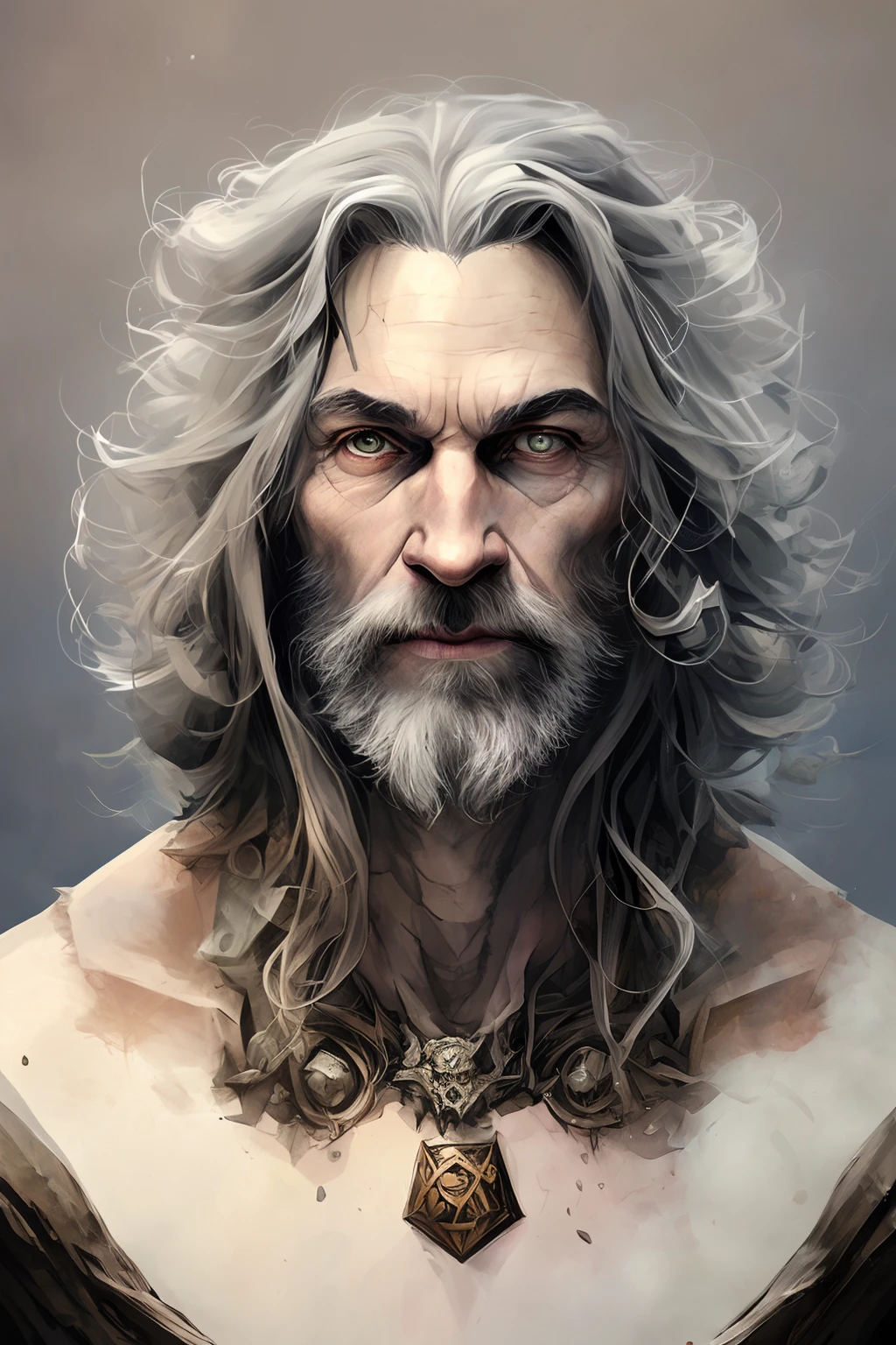 High Angle detailed ((dnd druid man portrait)), Continued , HD, (oil painting:1.1), (comic book art style:1.5),(inked outline:1.3), Stunning, Character, Portrait, (((Looking Sideways))), angular features, (dark grey Graduated Bob Hair), (muted natural colors:1.3) in painterly style by Jean Baptiste Monge