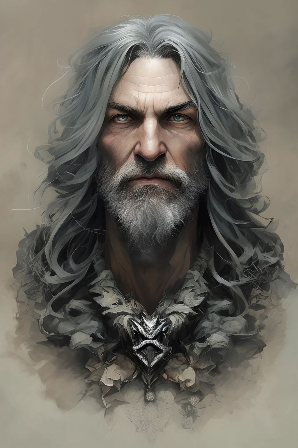 High Angle detailed ((dnd druid man portrait)), Continued , HD, (oil painting:1.1), (comic book art style:1.5),(inked outline:1.3), Stunning, Character, Portrait, (((Looking Sideways))), angular features, (dark grey Graduated Bob Hair), (muted natural colors:1.3) in painterly style by Jean Baptiste Monge