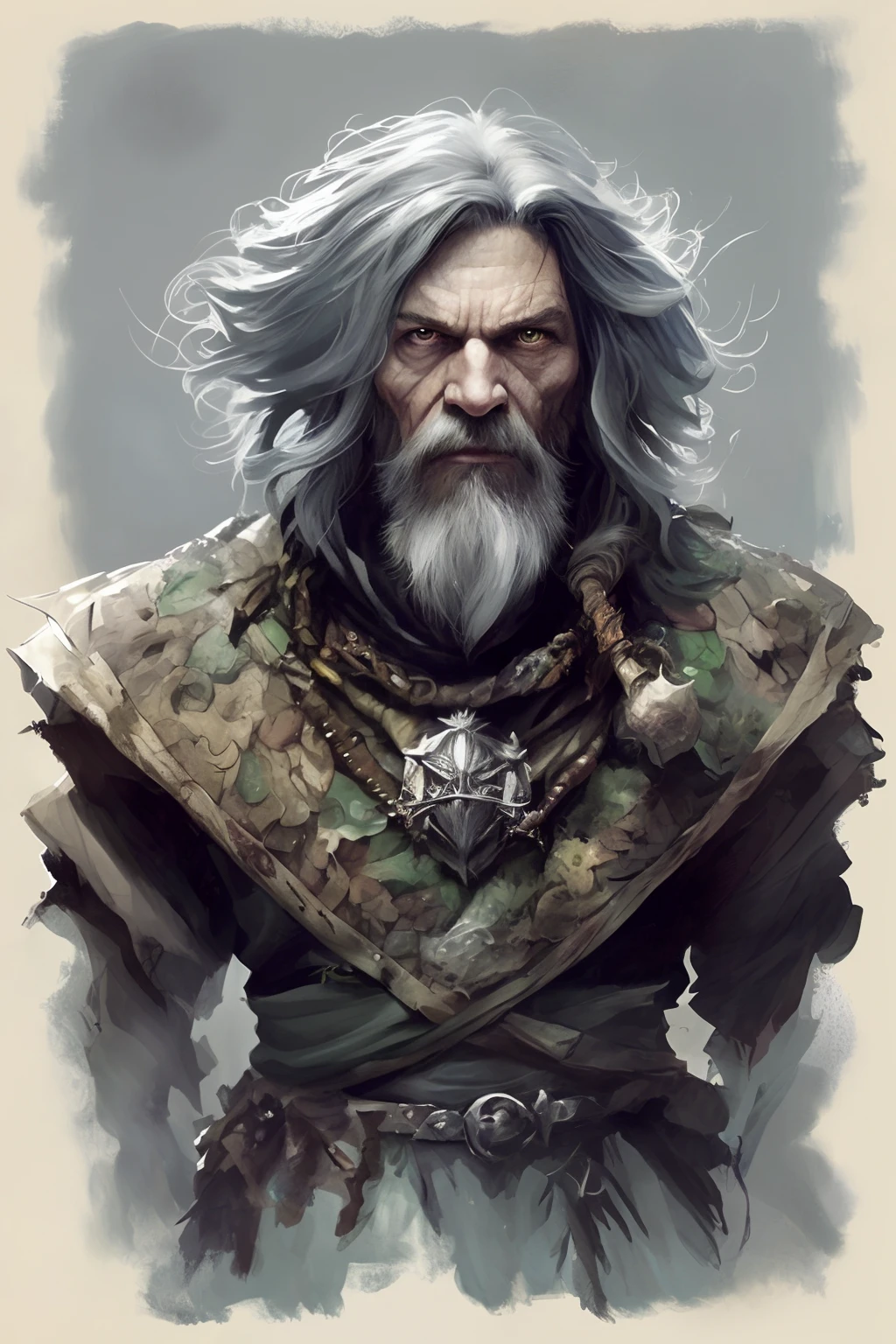 High Angle detailed ((dnd druid man portrait)), Continued , HD, (oil painting:1.1), (comic book art style:1.5),(inked outline:1.3), Stunning, Character, Portrait, (((Looking Sideways))), angular features, (dark grey Graduated Bob Hair), (muted natural colors:1.3) in painterly style by Jean Baptiste Monge