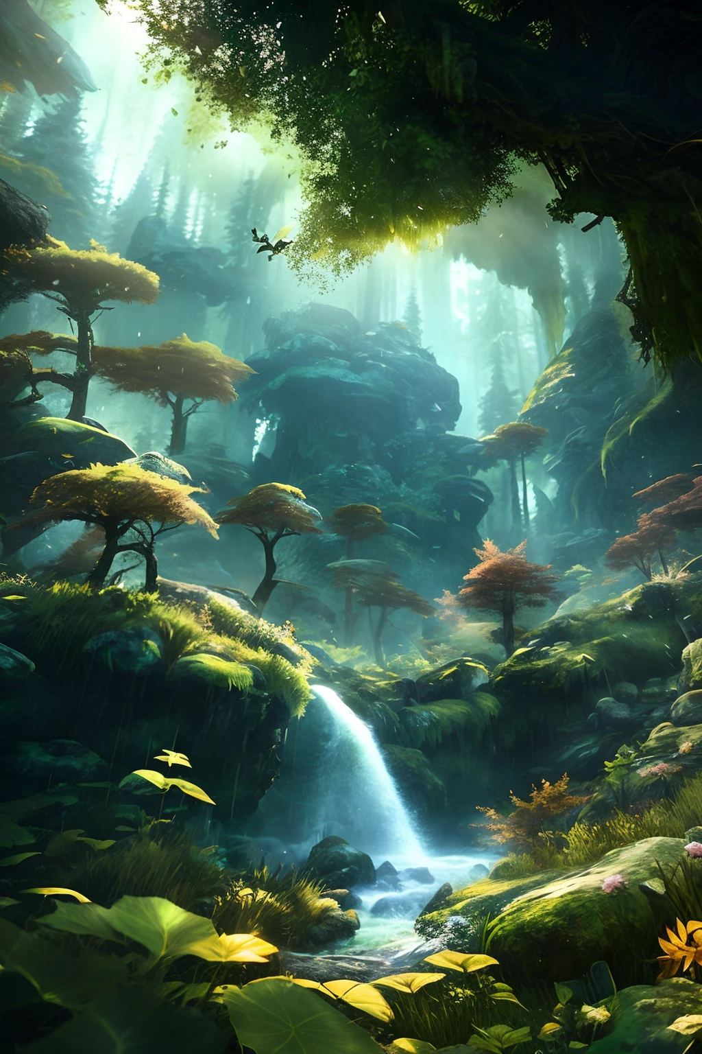 explorer in deep elder growth forest intricately detailed natural volumetric lighting fantasy atmosphere