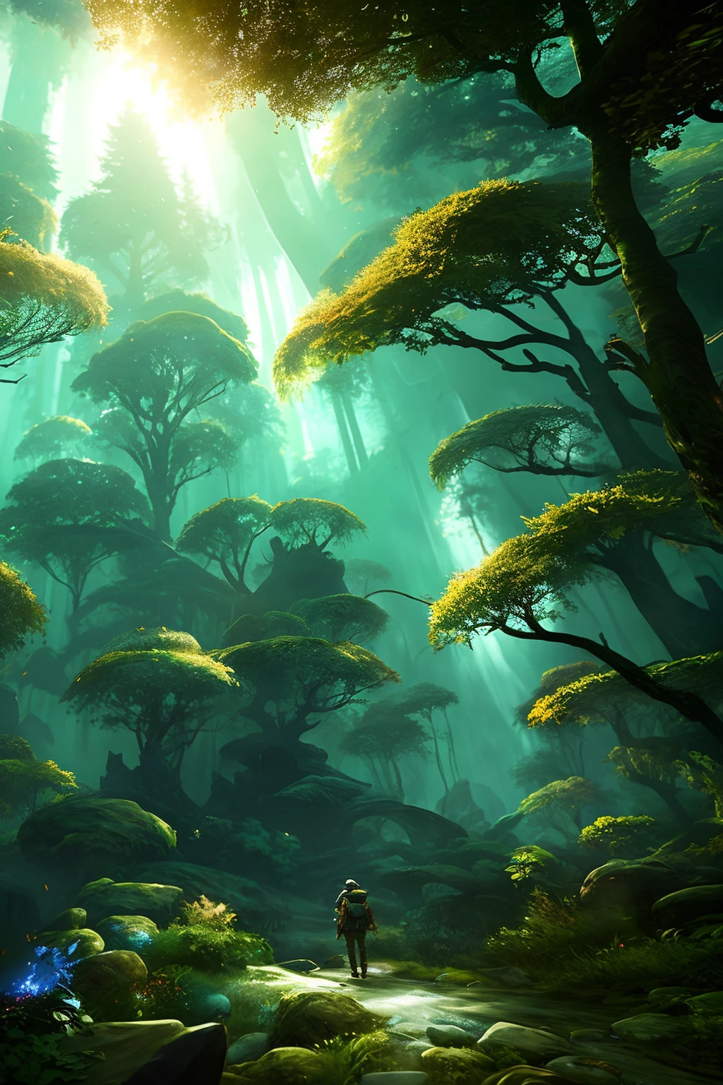 Explorador en un bosque profundo de crecimiento anciano intrincadamente detallado iluminación volumétrica natural atmósfera de fantasía
