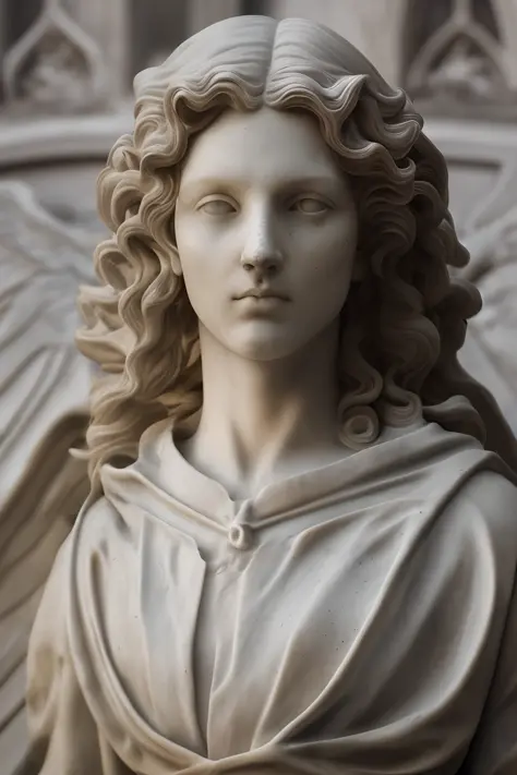 High detail RAW color art, animation, marble skin of a male angel, high angle, marble statue, (((ultra detailed elegant, beautiful face))), (crucifixion), white skin, wearing catholic robe, magical atmosphere, ((long curly hair)), (focus on face), (((gothi...