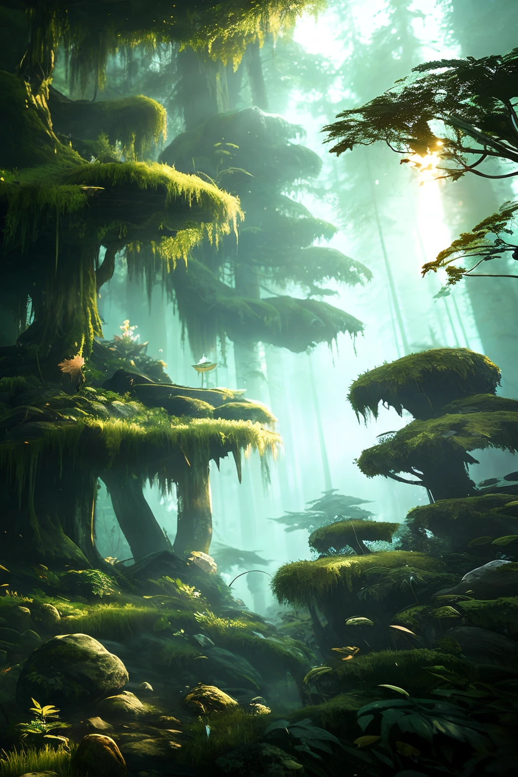深いエルダー成長林の探検家、複雑に詳細化された自然なボリューム照明、ファンタジーな雰囲気