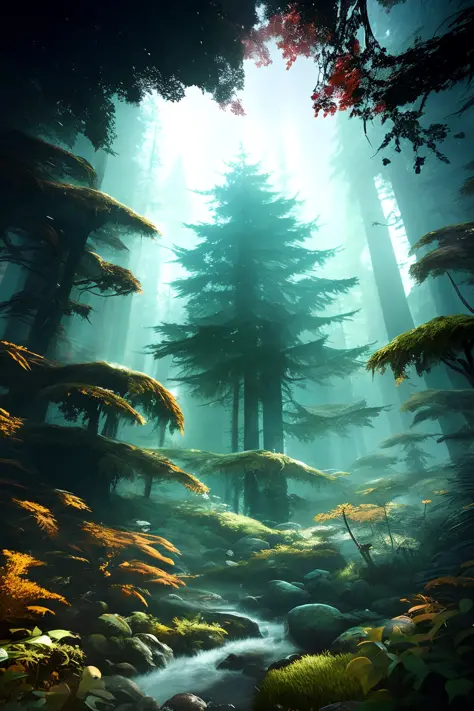 explorer in deep elder growth forest intricately detailed natural volumetric lighting fantasy atmosphere