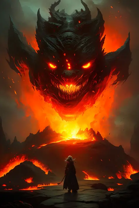 Portrait of a burning fire and lava demon by Byard Wu and Marc Simonetti and George Inness, Fantasy horror atmosphere