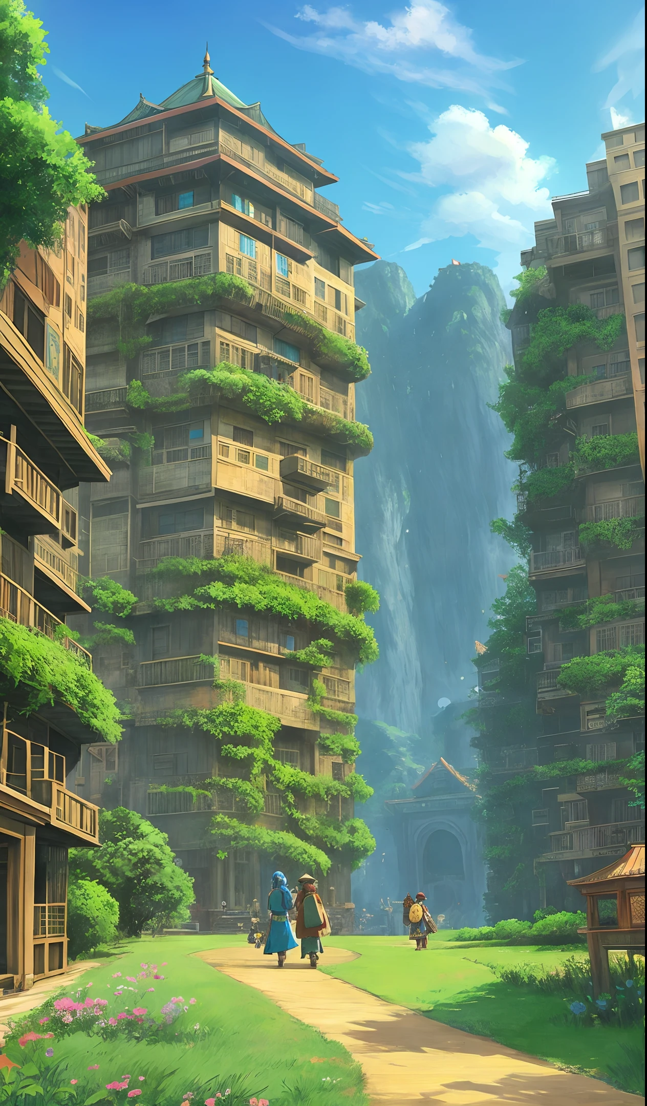 A Huge Vietnam Old Apartment Building by Howl's Moving Castle Ghibli, by Miyazaki, Nausicaa Ghibli, Breath of The Wild, epic composition