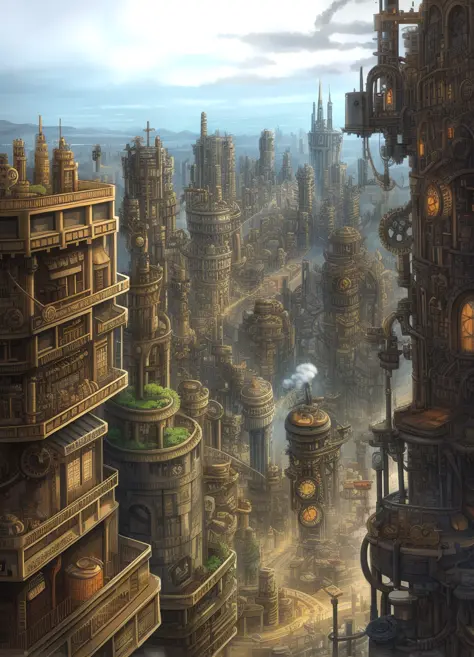 A densely populated steam-punk cityscape filled with various gears and pipes.