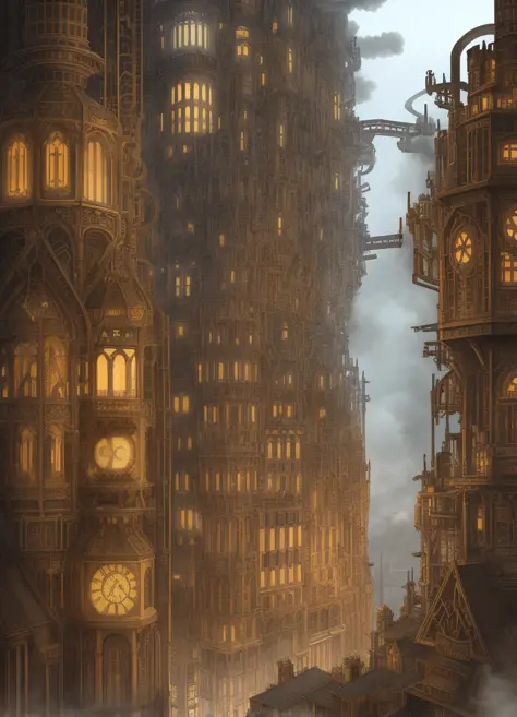A breathtakingly intricate steam-punk metropolis with towering skyscrapers adorned with gears and pipes. The overcast sky is alm...