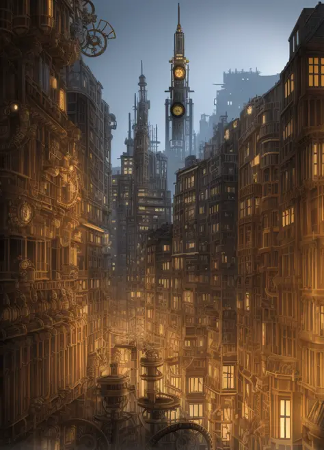 (((steampunk))),city,(((densely packed buildings)))，Exposed gears and pipes,(((dim light))),submerged ground,((gears))