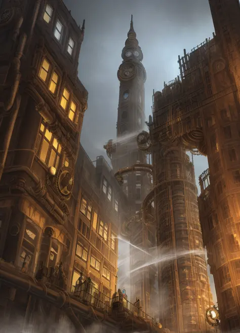 (((steampunk))),city,(((densely packed buildings)))，Exposed gears and pipes,(((dim light))),submerged ground,((gears)),((thick p...