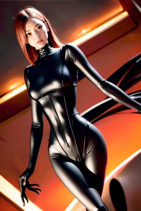 A full-body in action shot, a drawing of a Hot attractive spider monster girl, with spider atrtractive legs and beautiful face, wearing a harness and high-customed ultra-tight bodysuits, perfect body, beautiful orange and black, contrast, long render, pink...