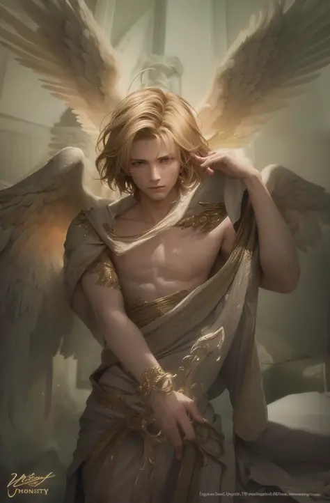 best quality, masterpiece, upper body, bright highlights, (extremely detailed CG unity 8k wallpaper), handsome young man, angelic wings, halo, (male, man), messy hair, short hair, serious, dramatic pose, cinematic lighting, photorealistic, dynamic pose, sh...