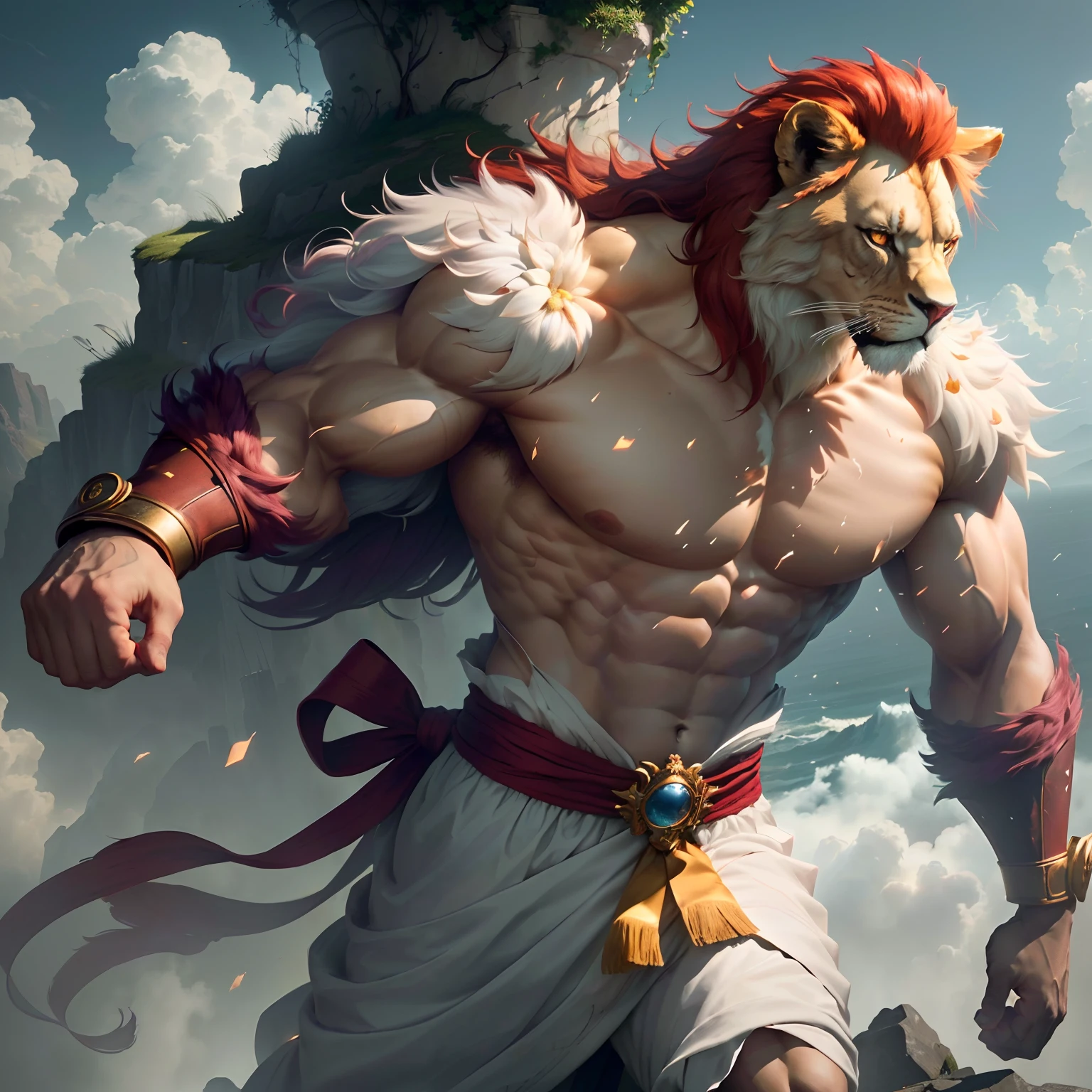 muscle, male, (lion head:1.0), furry, kemono, dressed as a prince standing on a cliff with flowers behind him, cloulds in the sky, photo, realism, cgi, (fighting pose:1.2), tekken, eye glow, broad waist, nipple, red hair, (baki:1.2), purple eye, teeth, (steam:1.0), high detail, castle, masterpiece, (HDR)(wallpaper)(movie lighting)(sharp focus), masterpiece, best quality, (extremely detailed CG unity 8k wallpaper), (best quality)