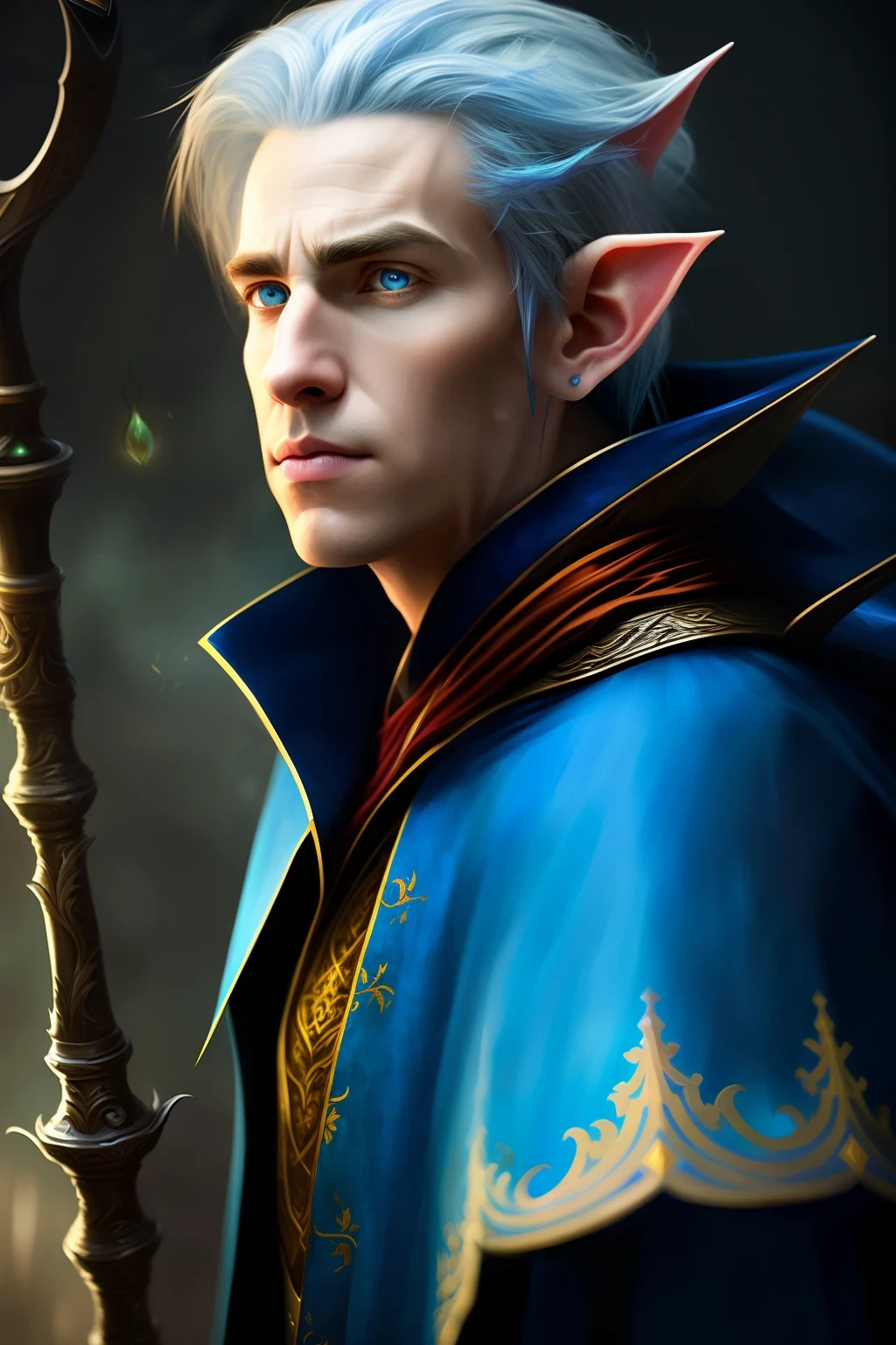 HD, Painted, Beautiful, Stunning, Portrait, Looking Sideways, Character, Concept Art, Male Elf Sorcerer, Half-Elf, Blue Mage Robe, Serious, Grim, Spiky Hair, Holding a Staff