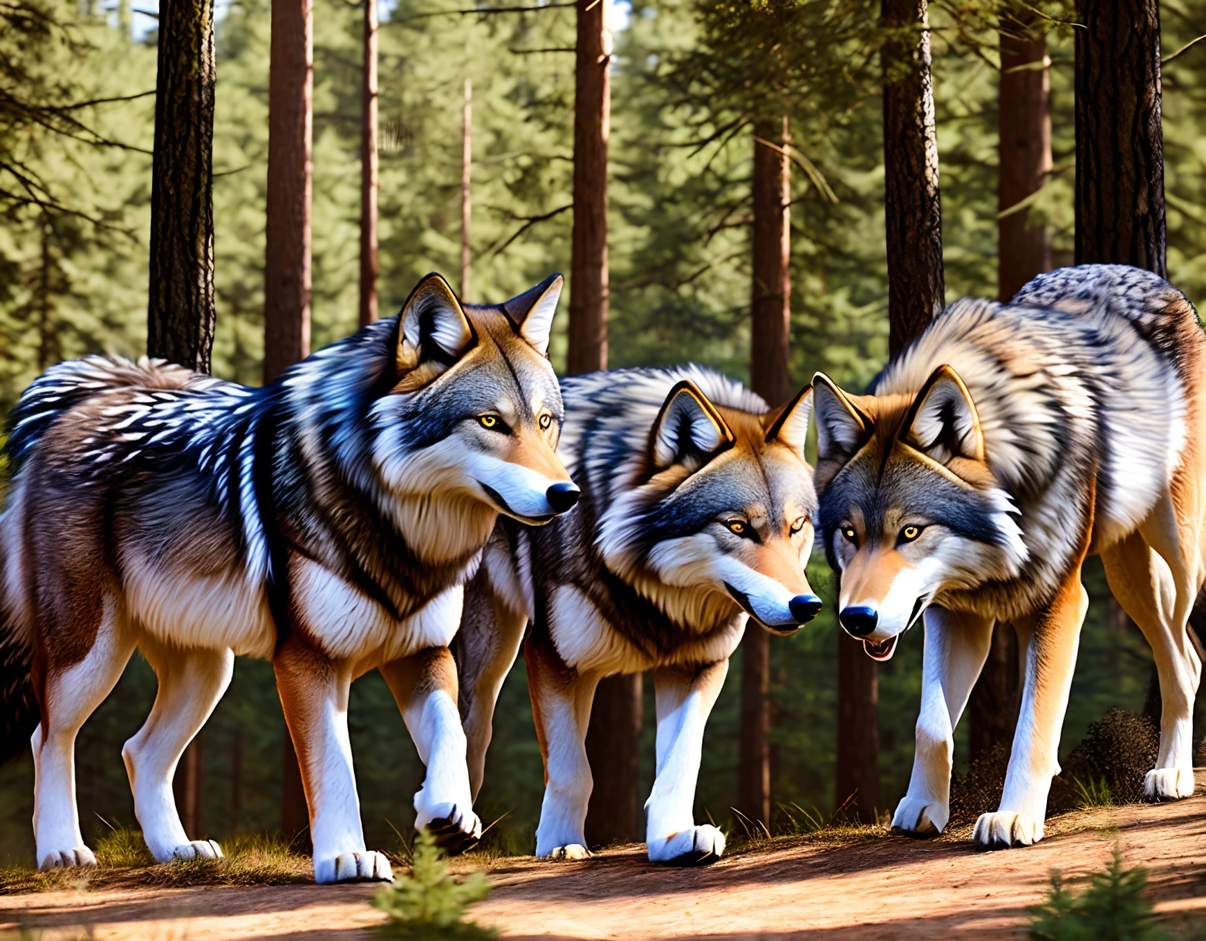 Wald, Dynamisch, hyperrealistische Jagdszene eines Wolfsrudels mit starkem Fellrealismus, in ultra-hochauflösender 4K-Qualität.