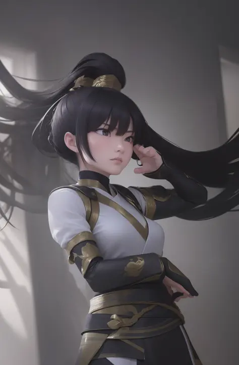 (A masterpiece of ultra-detailed CG art in Unity 8K resolution,) with the best illumination and shadows. Show me a floating image of a determined female warrior with a sleek black high ponytail and an unyielding gaze. She is a devoted monk who has trained ...