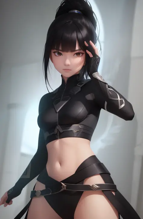 (A masterpiece of ultra-detailed CG art in Unity 8K resolution,) with the best illumination and shadows. Show me a floating image of a determined female warrior with a sleek black high ponytail and an unyielding gaze. She is a devoted monk who has trained ...